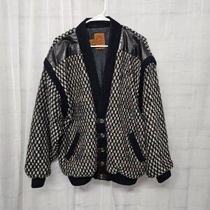 Vintage Cosi Sweater Jacket Black Leather Trim Retro Y2K Knit Woven L